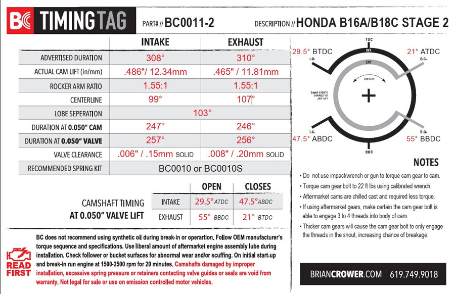 Brian Crower Stage 2 Honda Acura B18C/B16A/B17A Camshafts Turbo or NA  BC0011-2