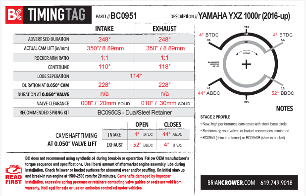 Yamaha YXZ / 998 (16-up) Stage 2 Mild Duner/Trail Spec Camshafts
