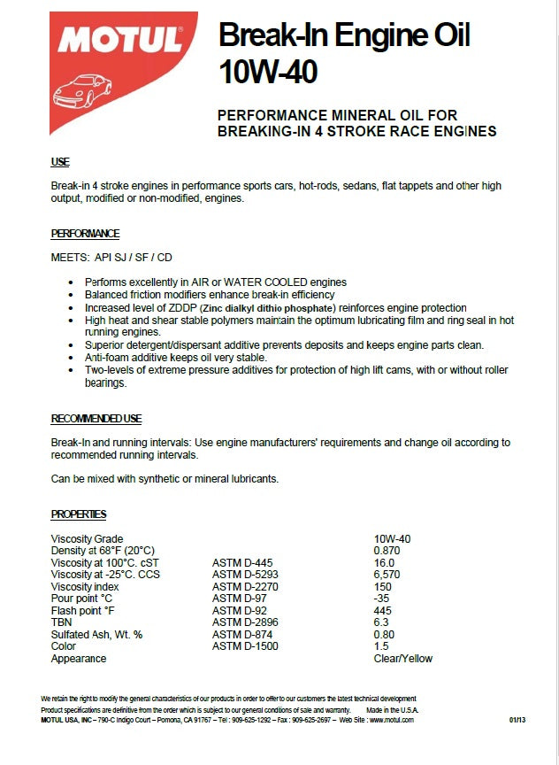 MOTUL  Engine Builder Break-In Oil; SAE 10W-40 Quanity Qrt - 6
